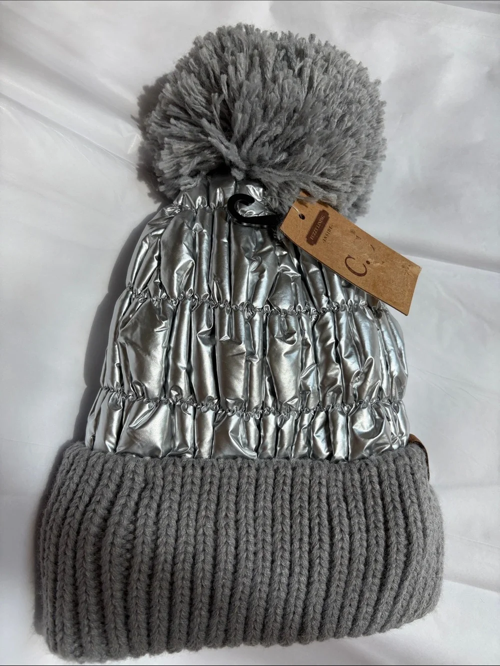 NWT C.C Super Warm Fleece Lined Quilted Silver Metalic Extra Warm Cuffed Beanie